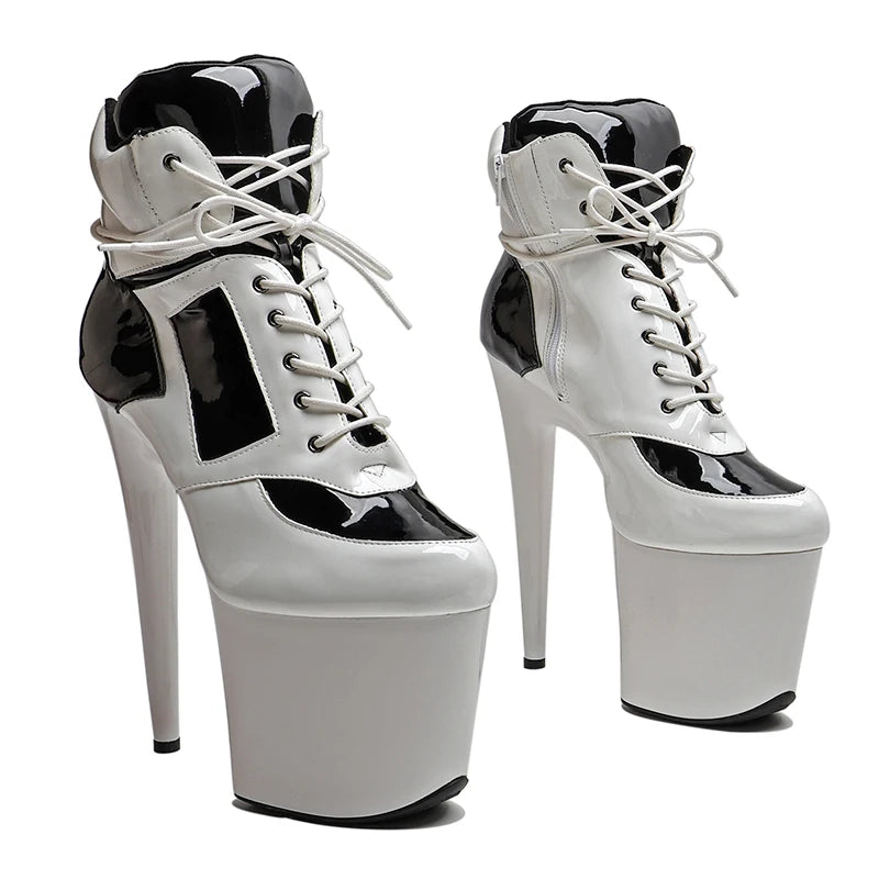 8-Inch Patent Platform Boots - White Blue Ankle Dance Boots