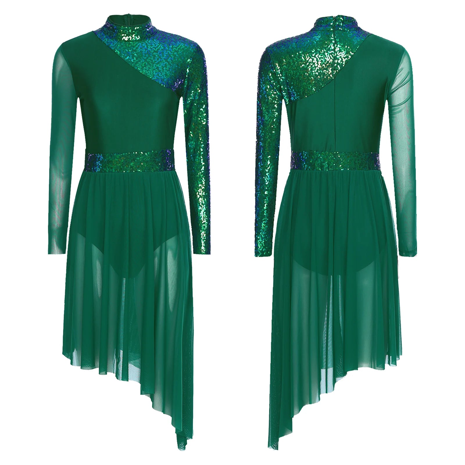 Women's Sequin Lyrical Dance Dress | Long Sleeve | Mesh Skirt
