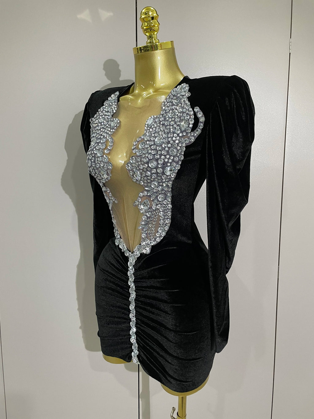 Crystal Deep-V Velvet Mini Dress | Long Sleeve | Stage