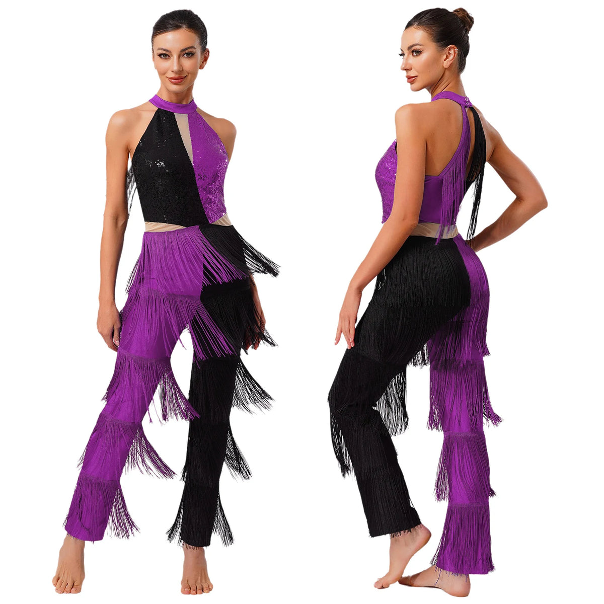 Latin Dance Jumpsuit | Sequin Contrast Fringe