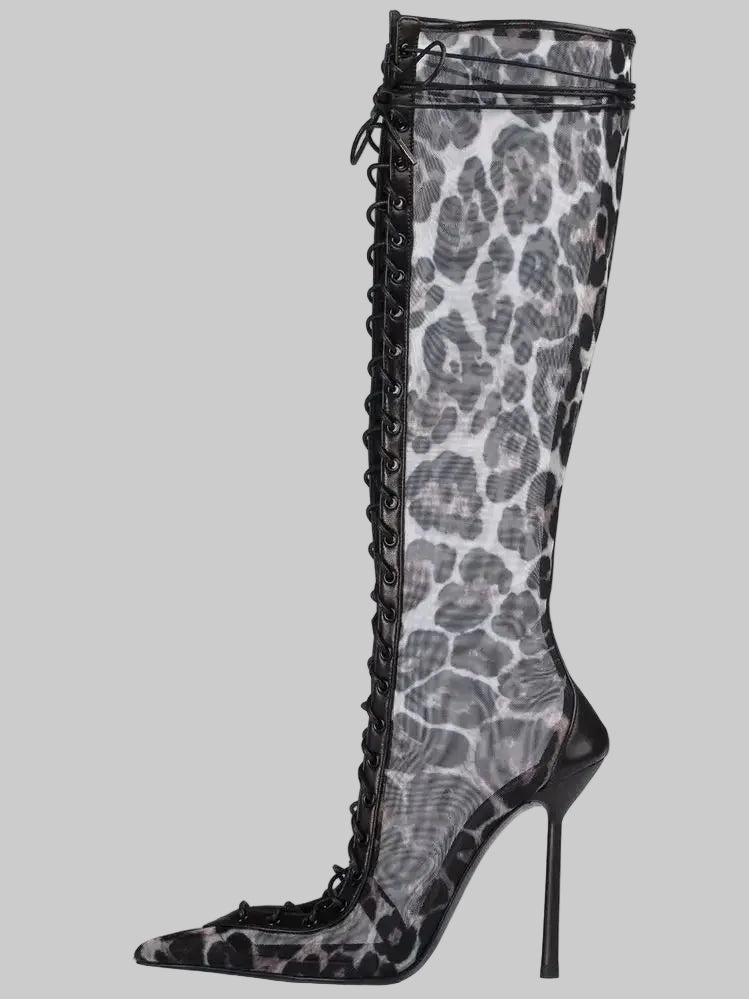 Mesh Lace-Up Knee-High Boots - Pointed Toe Stiletto Heels for Stage & Performance