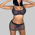 Rhinestone Fishnet Mesh Crop Top & Mini Skirt Set