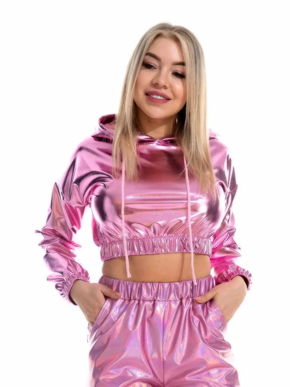 Holographic Crop Hoodie | Metallic Shiny | Drawstring