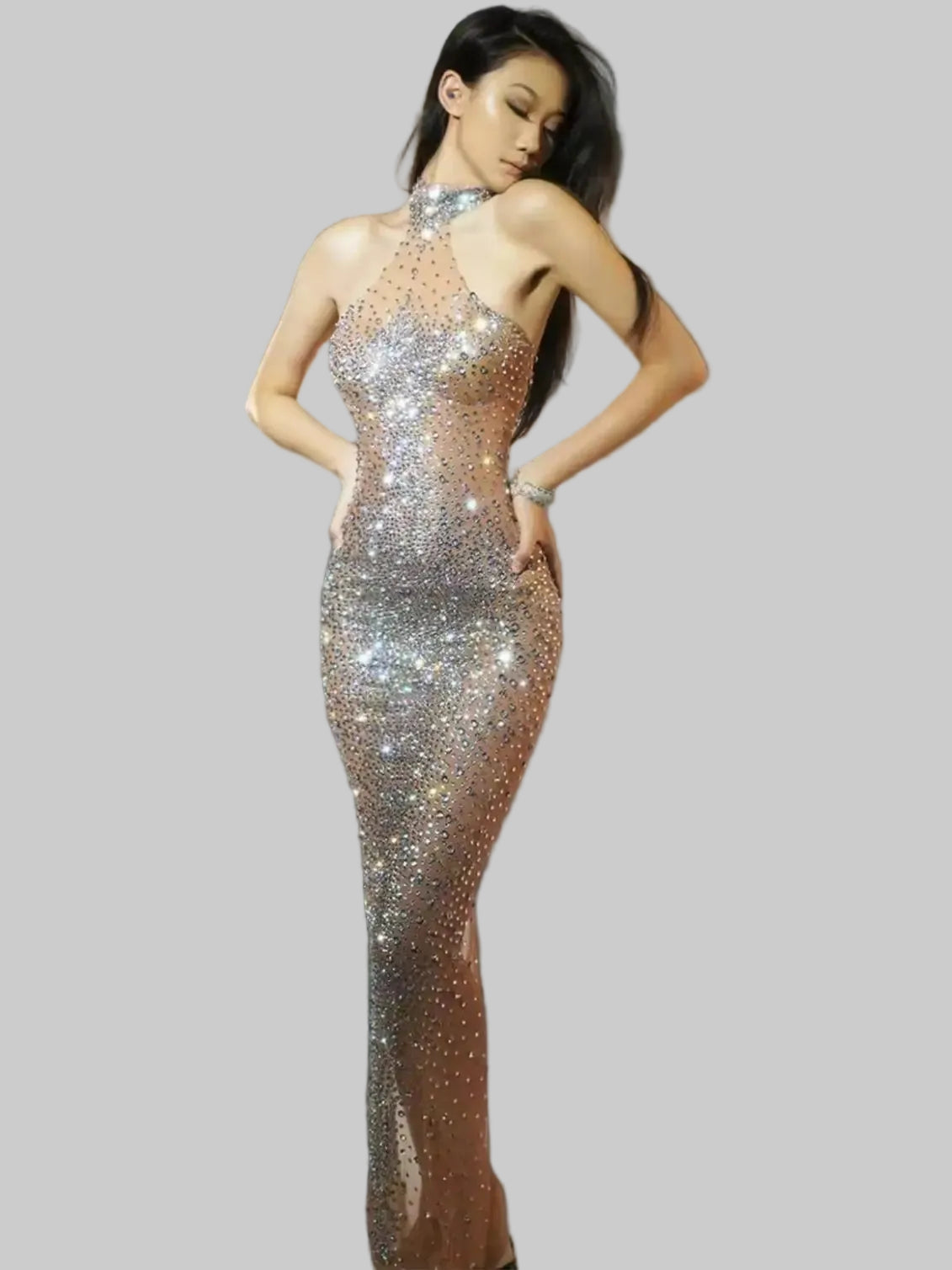 Rhinestone Evening Dress - Sheer Bodycon Maxi Gown with Diamond Embellishments