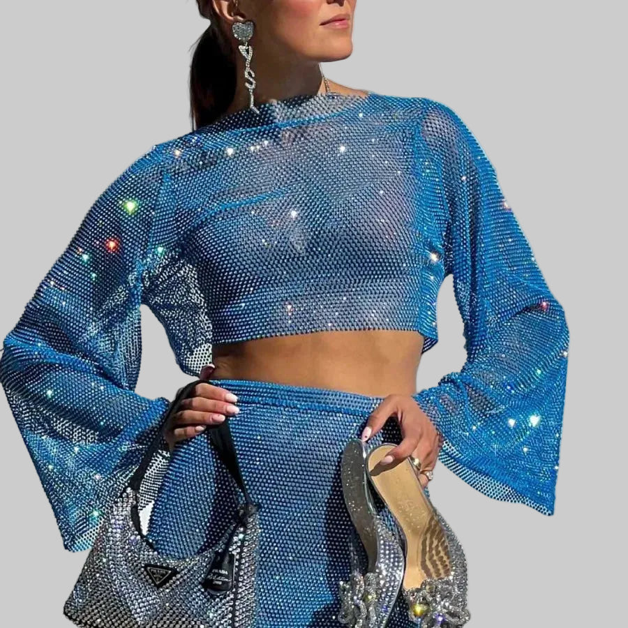 Rhinestone Fishnet Long Sleeve Crop Top - Sheer Mesh Party Top