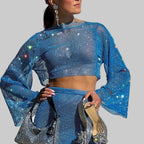 Rhinestone Fishnet Long Sleeve Crop Top - Sheer Mesh Party Top