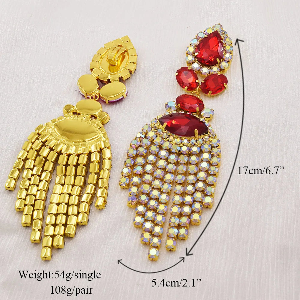 Rhinestone Clip-On Earrings | Long Tassel