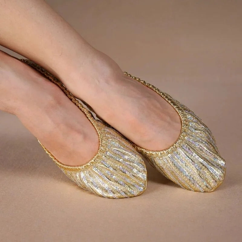 Sequin Belly Dance Slippers | Flat Soft Sole | Gold & Silver