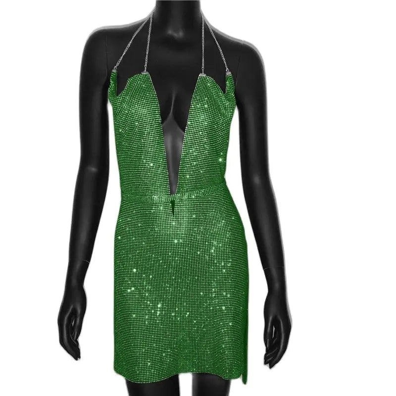 Sparkly Rhinestone Backless Halter Mini Dress - Metal Chain Party Dress