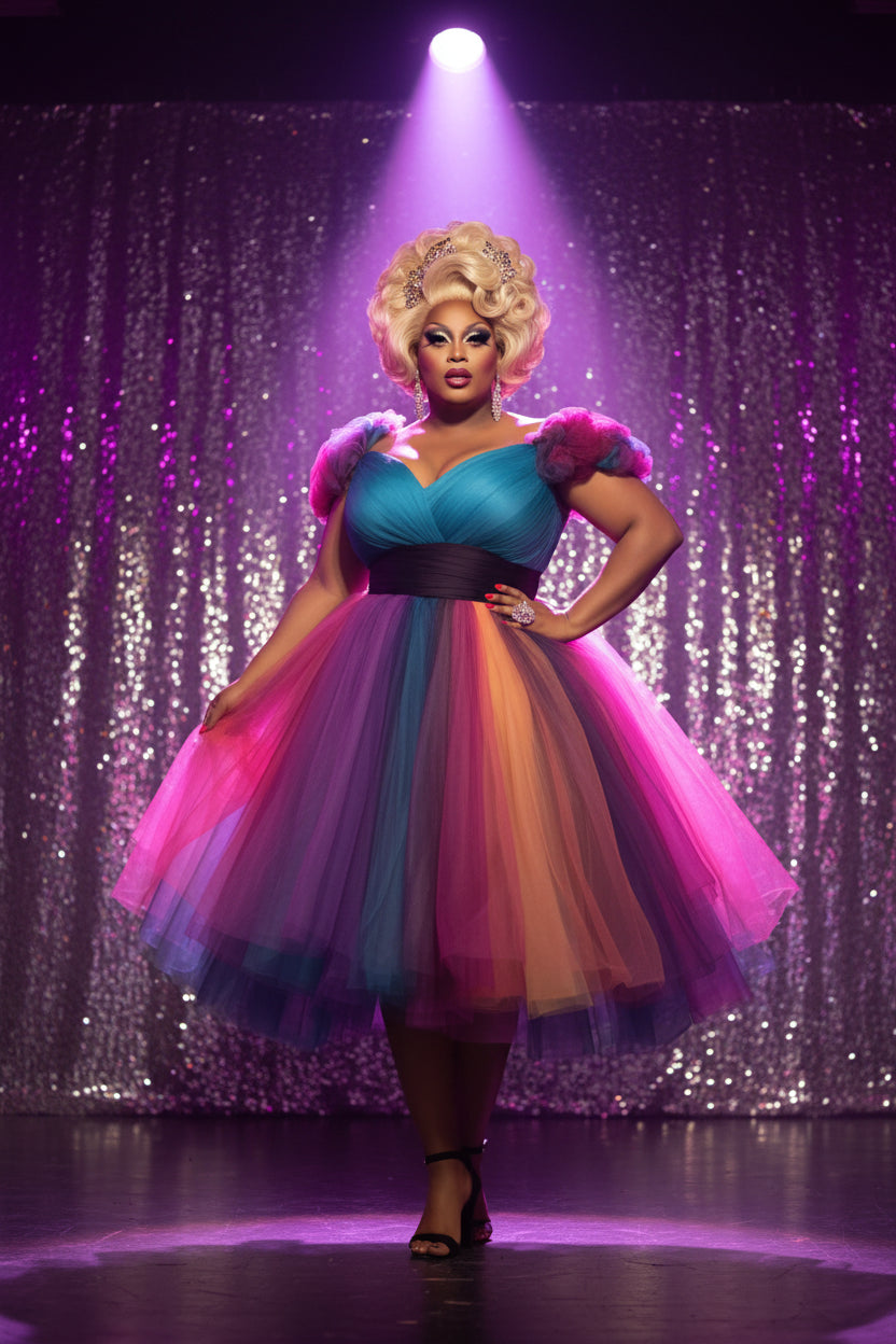 Rainbow Ombre Ruffle Pageant Gown | Off-Shoulder | Drag Queen