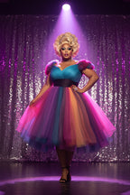 Rainbow Ombre Ruffle Pageant Gown | Off-Shoulder | Drag Queen