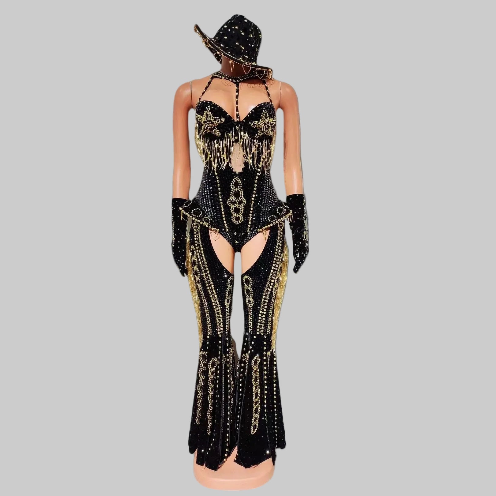 Rhinestone Bodysuit 4-Piece Set - Sparkly Showgirl Outfit with Flare Pants & Crystals
