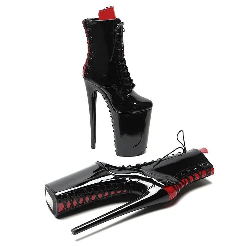 26cm Black Red Patent Ankle Boots - Trendy Platform Party Dance Boots