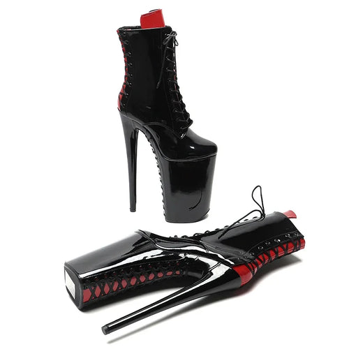 26cm Black Red Patent Ankle Boots - Trendy Platform Party Dance Boots