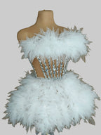 Dazzling White Feather & Rhinestone Showgirl Mini Dress - Performance & Cabaret Gown