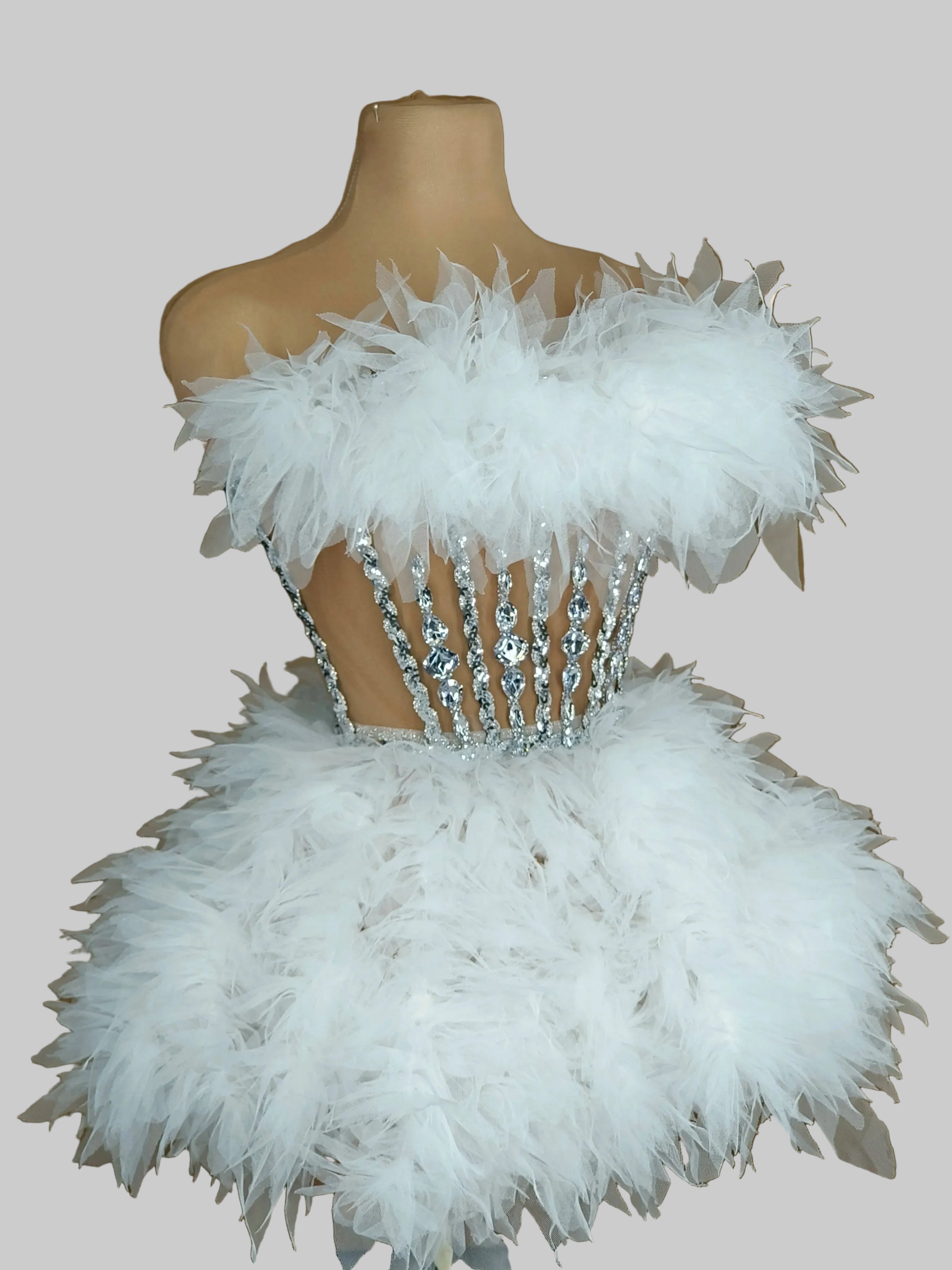 Dazzling White Feather & Rhinestone Showgirl Mini Dress - Performance & Cabaret Gown