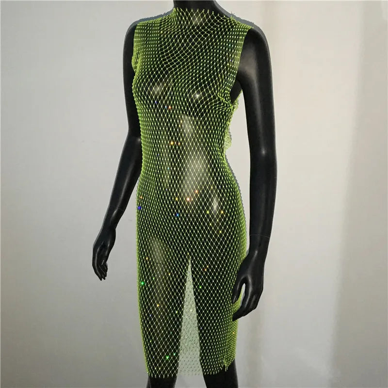 Rhinestone Fishnet Mini Dress - Sheer Cover-Up Party Dress