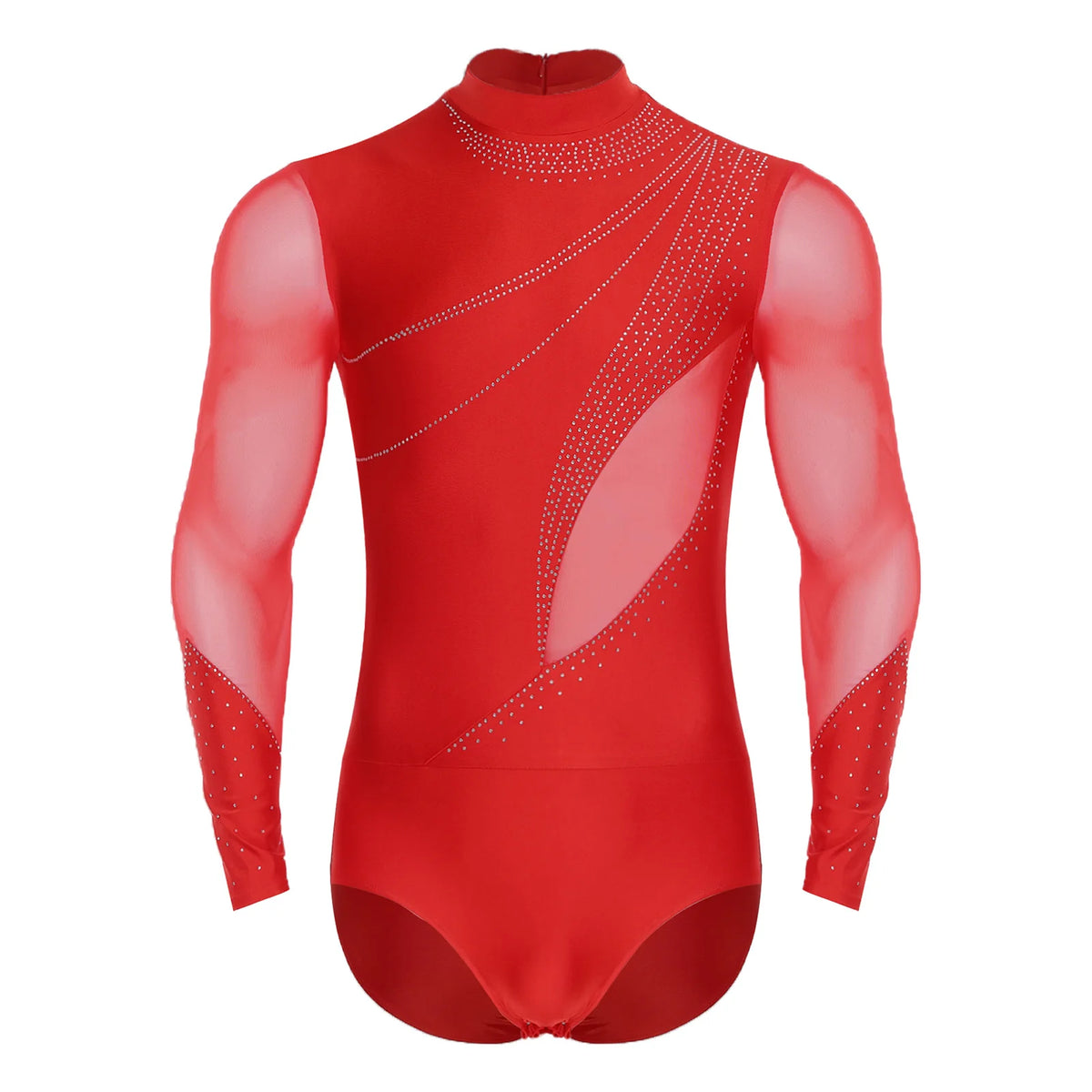 Men's Rhinestone Mesh Leotard | Mock Neck & Long Sleeve | Snap Crotch