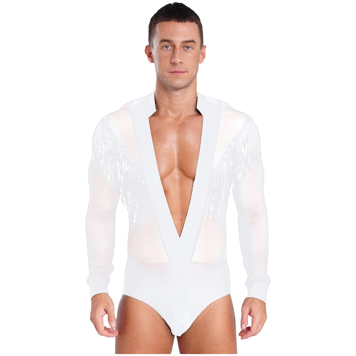 Men's Latin Dance Leotard | Deep V-Neck & Sheer Mesh | Rhinestone & Tassels