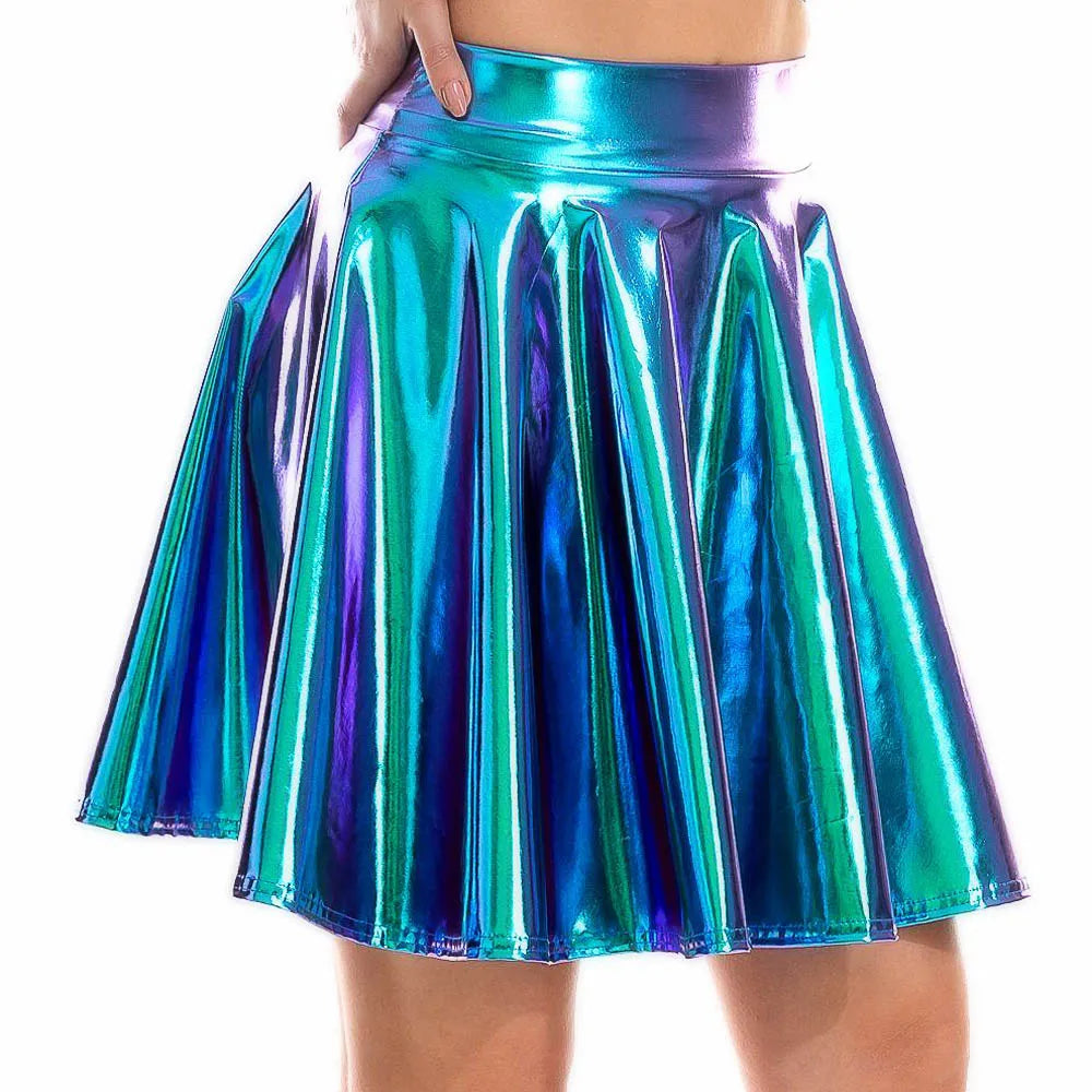 Holographic Pleated Mini Skirt | Metallic Shiny | Stage & Rave