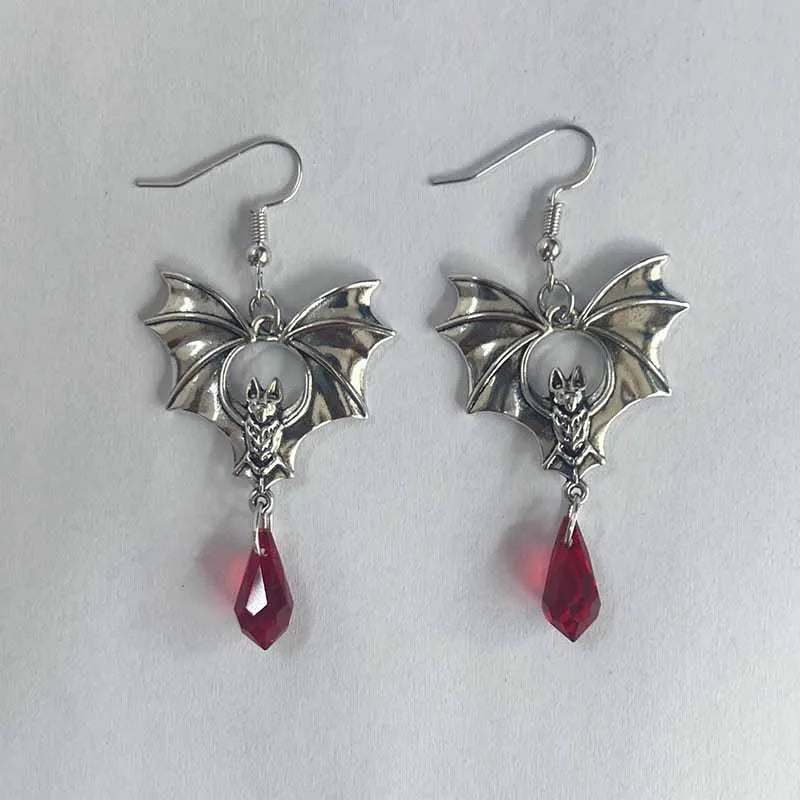 Gothic Vampire Bat Drop Earrings | Crystal Pendant | Drag & Costume Jewelry