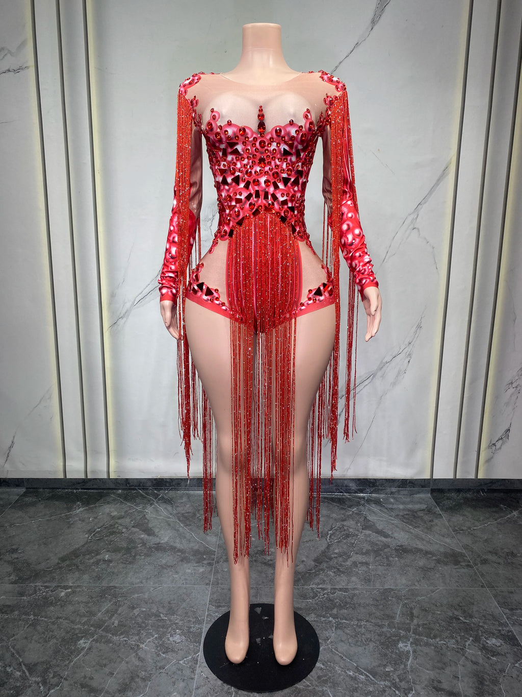 Rhinestone Fringe Bodysuit | 3D Floral | Purple & Red | S–XL