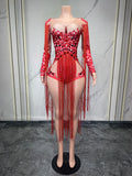 Rhinestone Fringe Bodysuit | 3D Floral | Purple & Red | S–XL