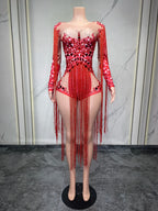 Rhinestone Fringe Bodysuit | 3D Floral | Purple & Red | S–XL