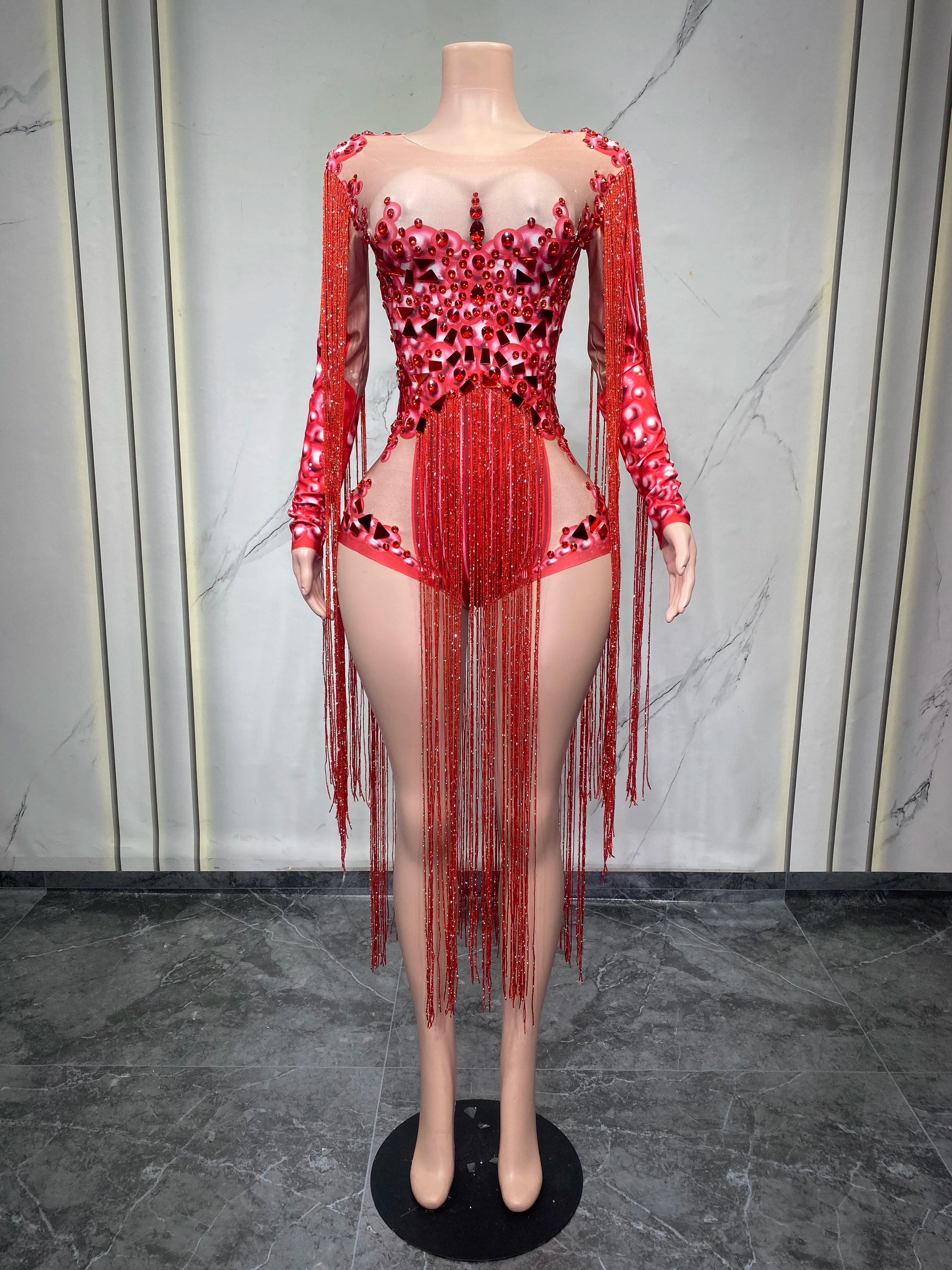 Rhinestone Fringe Bodysuit | 3D Floral | Purple & Red | S–XL
