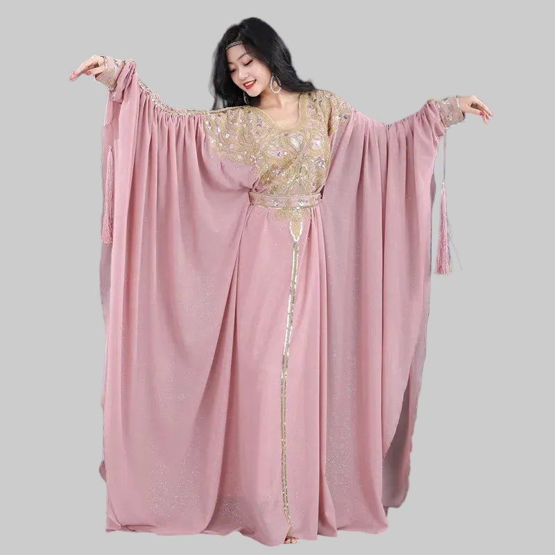 Khaleeji Thobe Belly Dance Costume - Embroidered Sequin Kaftan with Belt