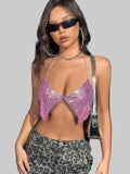 Rhinestone Sequin V-Neck Halter Crop Top