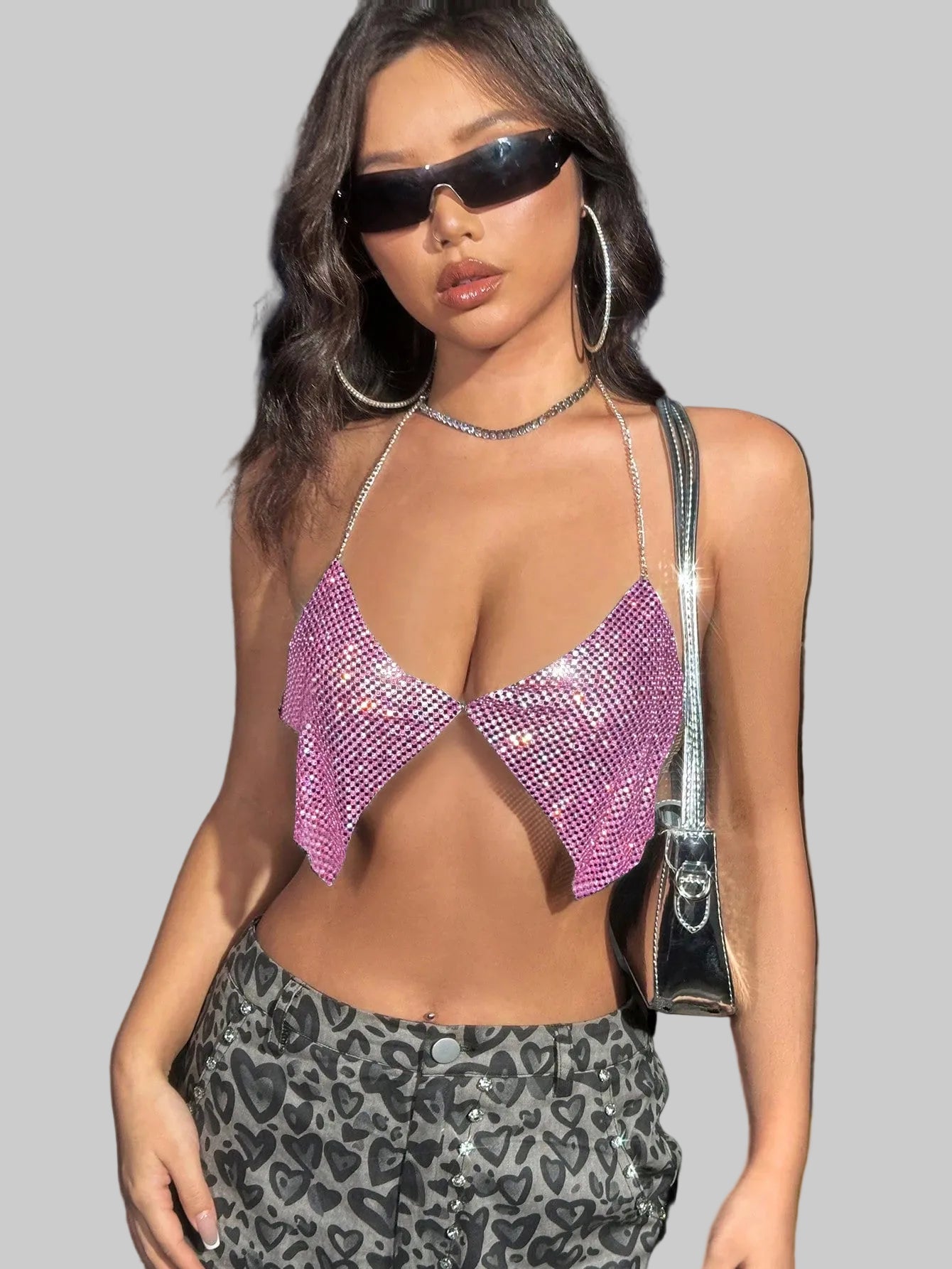 Rhinestone Sequin V-Neck Halter Crop Top