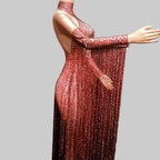 Red Fringe Rhinestone Jumpsuit - Long Sleeve Stretch Leotard for Pole Dance & Stage