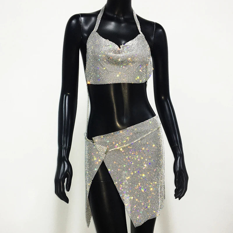 Rhinestone 2-Piece Set - Backless Crop Top & Split Mini Skirt