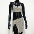 Rhinestone 2-Piece Set - Backless Crop Top & Split Mini Skirt