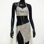 Rhinestone 2-Piece Set - Backless Crop Top & Split Mini Skirt