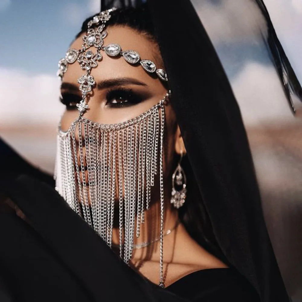 Dazzling Rhinestone Fringe Face Mask - Showgirl, Festival & Performance Accessory