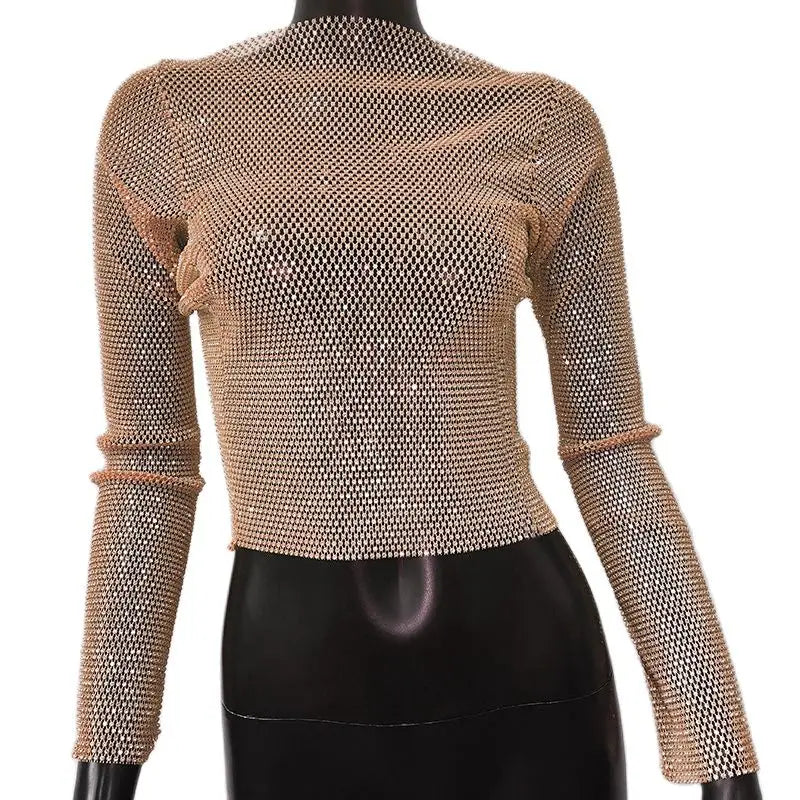 Rhinestone Fishnet Mesh Long Sleeve Top - Sheer Starlight Party Tee