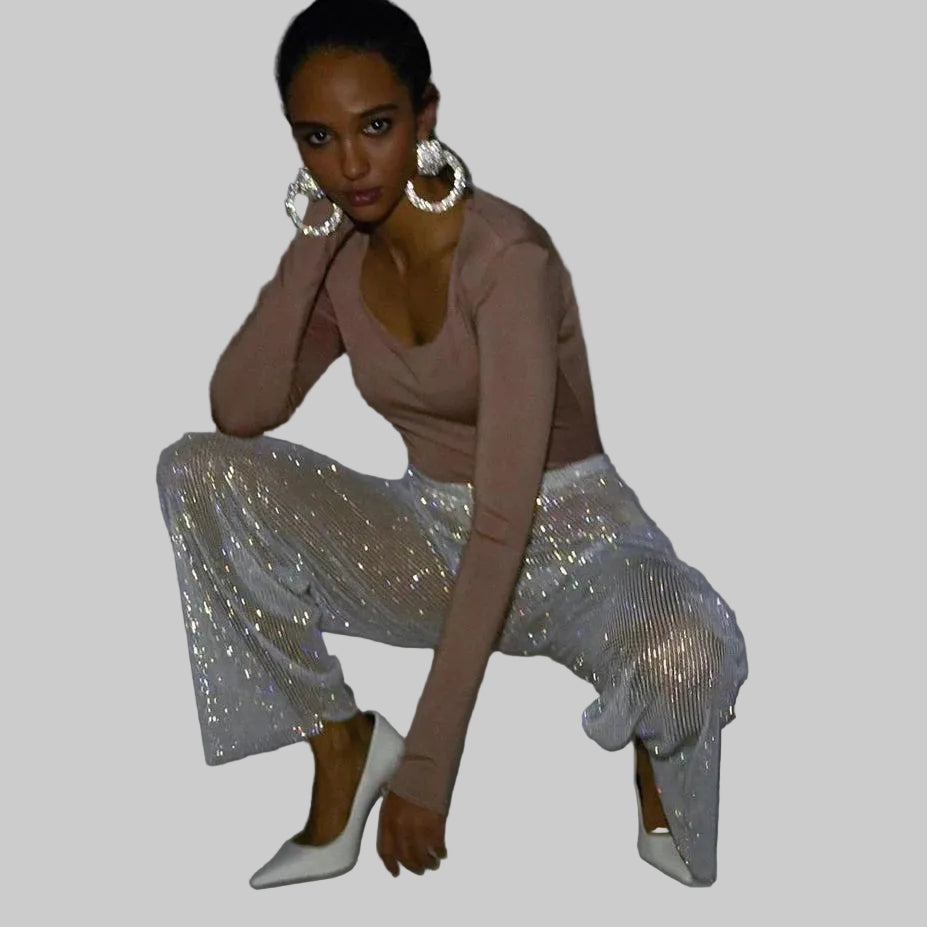 Rhinestone Fishnet Pants - Sheer Crystal Party Trousers