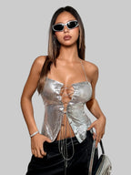 Metallic Sequin Bandage Crop Top - Off-Shoulder Halter