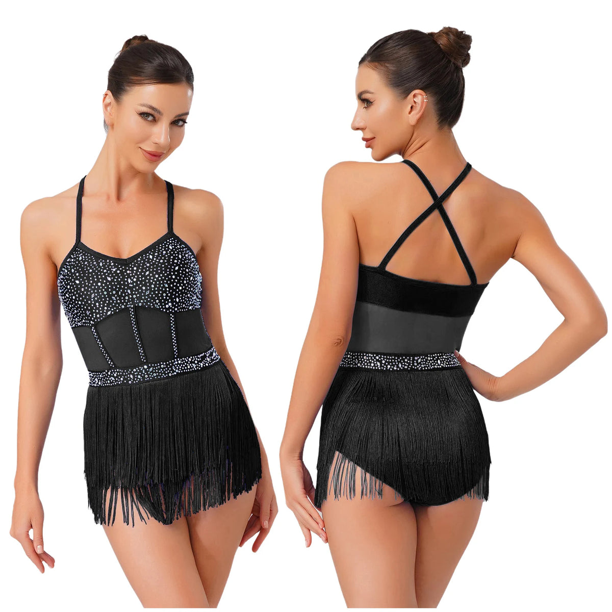 Starlight Rhinestone Fringe Latin Dance Leotard