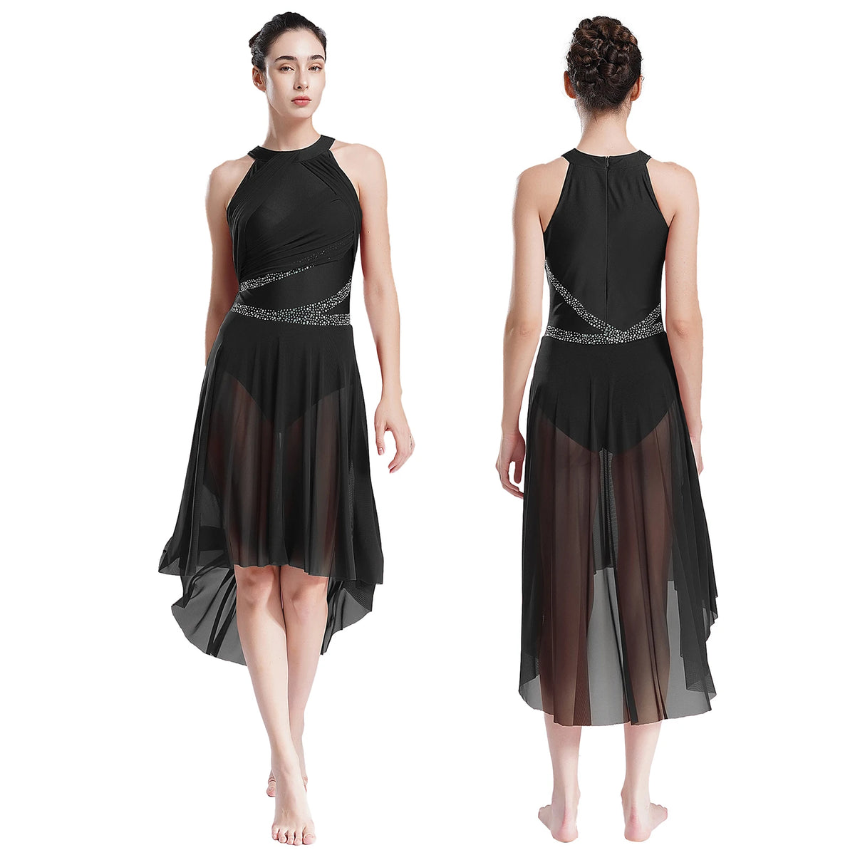 Women's Rhinestone Ruched Lyrical Dance Dress | Halter | Asymmetric Hem | 6 Colors | S–XXL