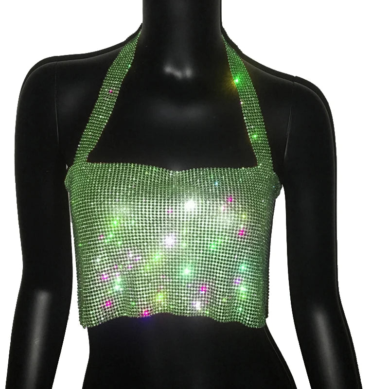 Crystal Rhinestone Metal Chain Halter Crop Top - Backless Tank