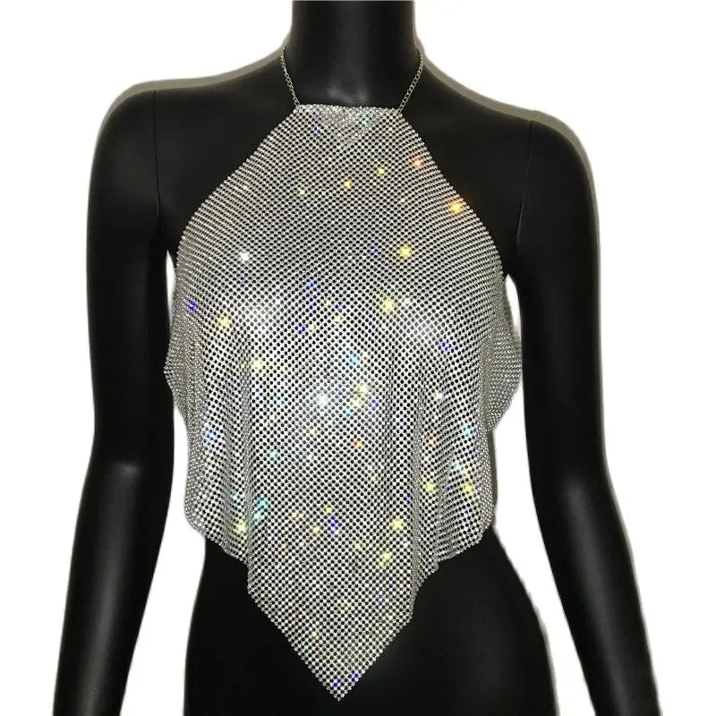 Diamond Grid Rhinestone Bralette - Backless Metal Chain Crop Top