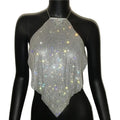 Diamond Grid Rhinestone Bralette - Backless Metal Chain Crop Top