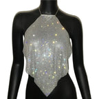 Diamond Grid Rhinestone Bralette - Backless Metal Chain Crop Top