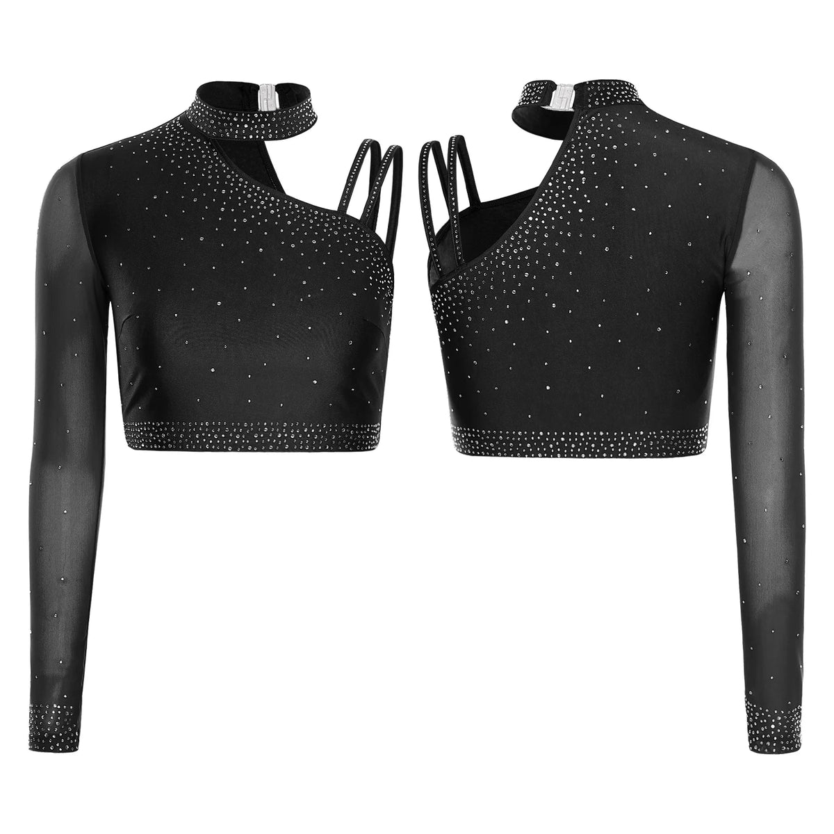 Rhinestone Asymmetric Dance Crop Top | One Mesh Sleeve | Latin Salsa Samba