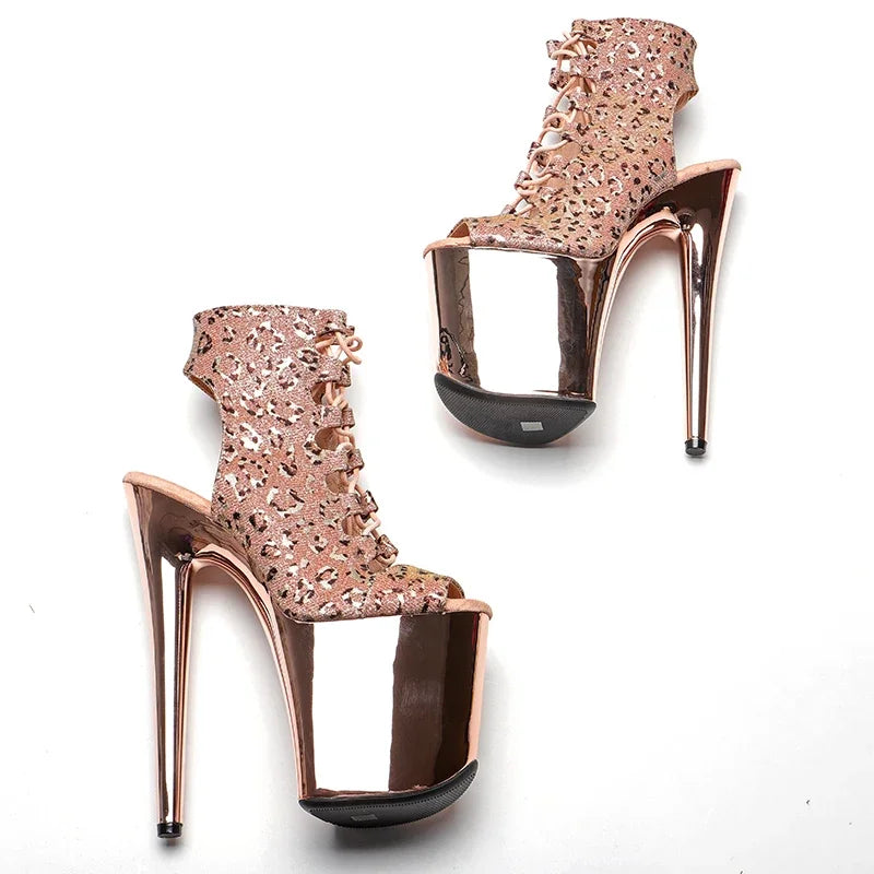 20cm Leopard Platform Pole Dancing Ankle Boots - 8 Inch High Heels