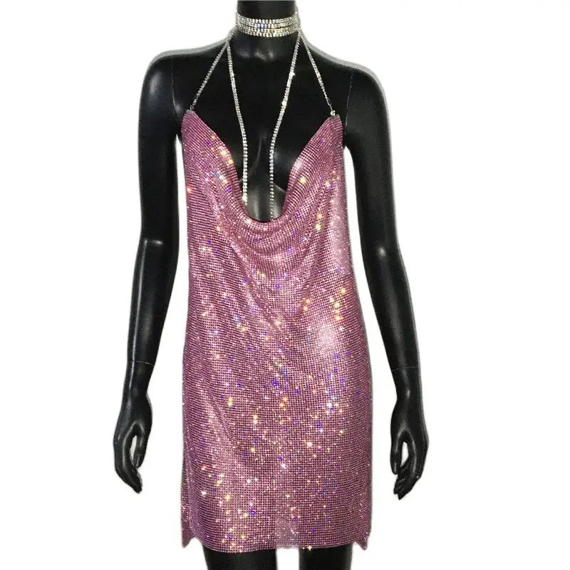 Rhinestone Mini Dress - Sheer Sequin Bodycon Dress with Asymmetric Neckline