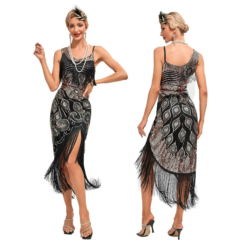 1920s Sequin Tassel Peacock Dress | Flapper | Charleston Dance